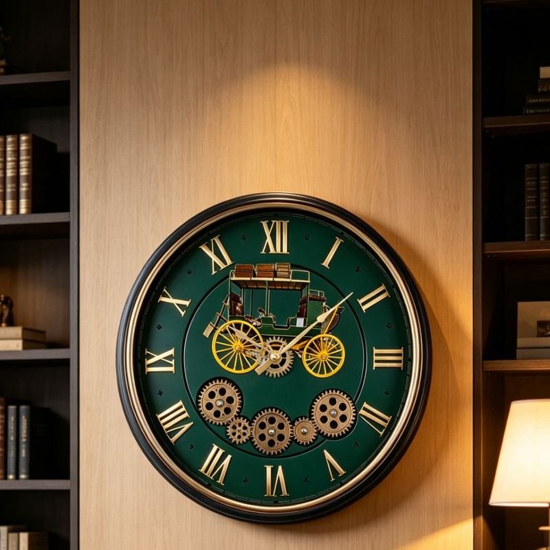 Moving Gear Wall Clock, Dark Emerald Green & Gold Vastu Clocks GC069 37cm x 37cm