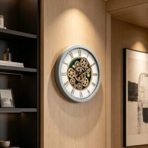 Vastu Clocks Moving Gears Wall Clock 16" Industrial Steampunk Skeleton White Green Slate Blue Decor 40cm GC095