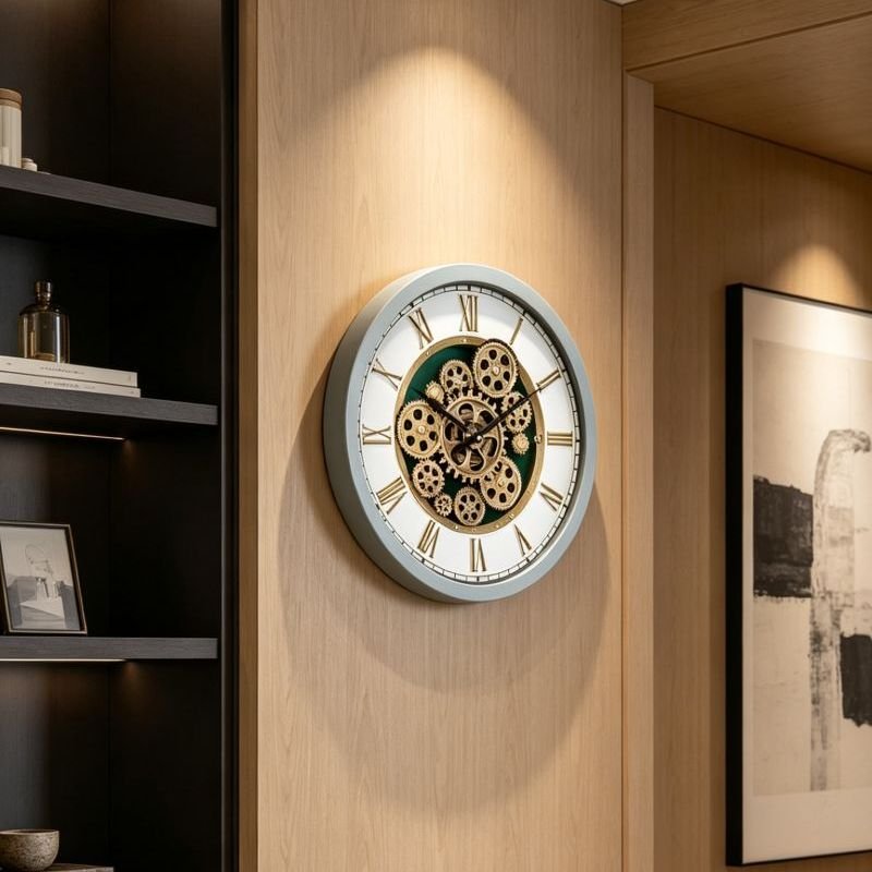 Vastu Clocks Moving Gears Wall Clock 16" Industrial Steampunk Skeleton White Green Slate Blue Decor 40cm GC095