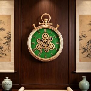 Vintage Pocket Watch Wall Clock, Gold & Green Moving Gear Vastu Clocks GC012 49cm