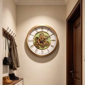 Vastu Clocks Moving Gears Wall Clock 16" Industrial Steampunk Skeleton White Mint Green Gold Decor GC039 40cm
