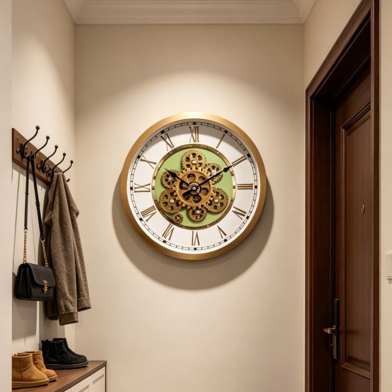 Vastu Clocks Moving Gears Wall Clock 16" Industrial Steampunk Skeleton White Mint Green Gold Decor GC039 40cm