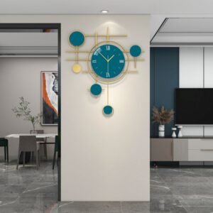 Vastu Clocks Geometric Wall Clock Teal Blue Gold Luxury Metal Line Art Timepiece 64cm JT20125-56