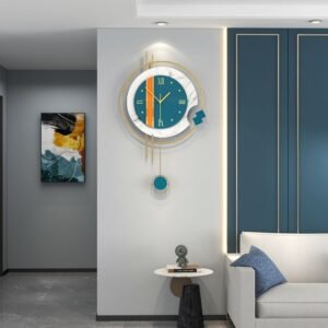 Pendulum Wall Clock, Teal & Gold Luxury Vastu Clocks JT20164-38 Modern 64cm x 38cm