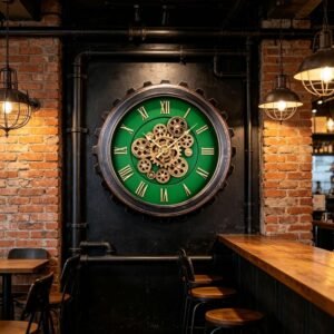 Vastu Clocks Moving Gears Wall Clock 50cm 20" Industrial Cog Wheel Skeleton Green Gold Home Decor GC010