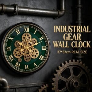 Vastu Clocks Moving Gears Wall Clock 14.5 Inch Industrial Steampunk Skeleton Green Gold Home Decor GC017