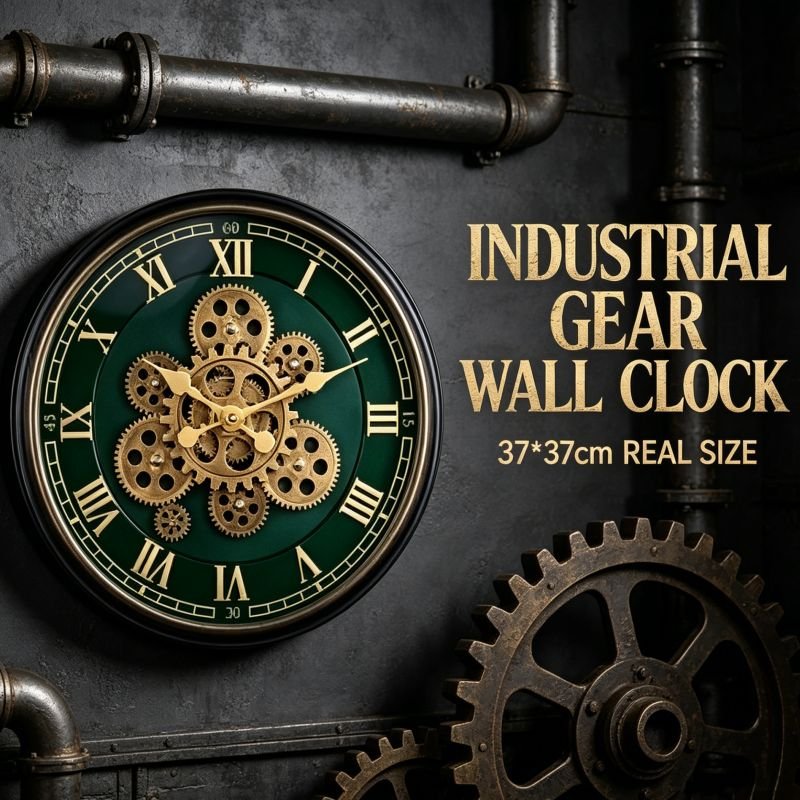 Vastu Clocks Moving Gears Wall Clock 14.5 Inch Industrial Steampunk Skeleton Green Gold Home Decor GC017