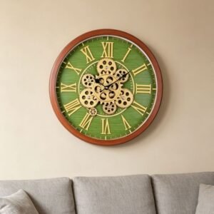 Moving Gear Wall Clock, Textured Lime Green & Gold Vastu Clocks GC048 40cm x 40cm