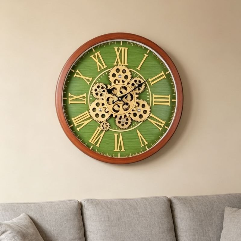 Moving Gear Wall Clock, Textured Lime Green & Gold Vastu Clocks GC048 40cm x 40cm