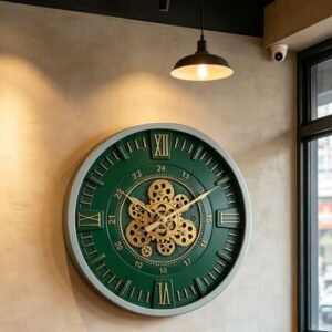 Luxury 50cm Industrial Cog Wall Clock, Emerald Green & Gold Moving Gear Vastu Clocks GC020