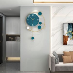 Geometric Pendulum Wall Clock, Luxury Teal & Gold Vastu Clocks JT2096B-45 Modern 66cm