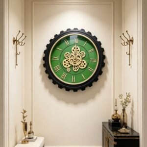 Premium  Black Cog Wall Clock, Green & Gold Industrial Moving Gear Vastu Clocks 50cm GC115