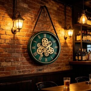 Emerald Green & Gold Moving Gear Wall Clock with Strap, Luxury Vastu Clocks for Home Decor GC008
