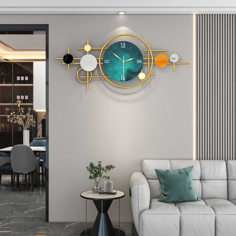 Horizontal Wall Art Clock, Teal & Gold Planetary Vastu Clocks JT2203 Luxury 80cm x 32cm